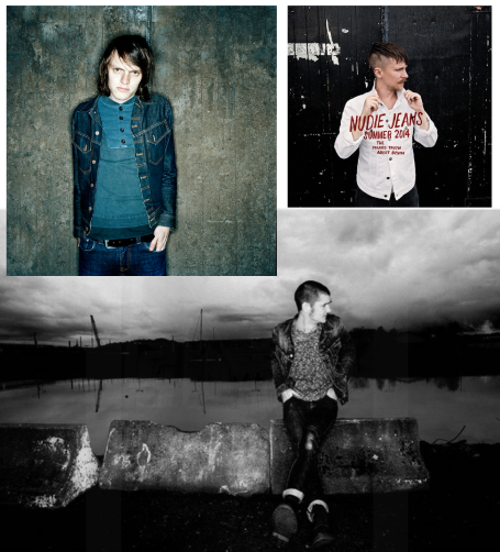 Tre porträtt av unga män i olika klädesstilar och bakgrunder.