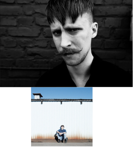 Porträtt av en man med mustasch mot en mörk bakgrund, samt en man som sitter vid en vägg.